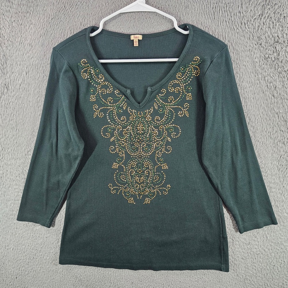 Reba Womens Green Ribbed Rhinestone Notched V-Neck 3/4 Sleeve Top Large USA